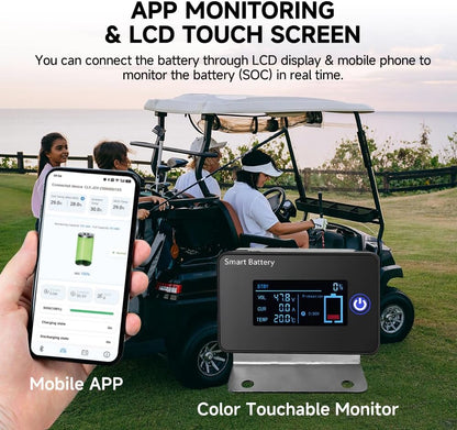 48V 100Ah LiFePO4 Battery for Golf Carts, 48 volt ABS Plastic Lithium Golf Cart Battery With Smart 200A BMS Bluetooth & LCD Monitoring & 18A charger