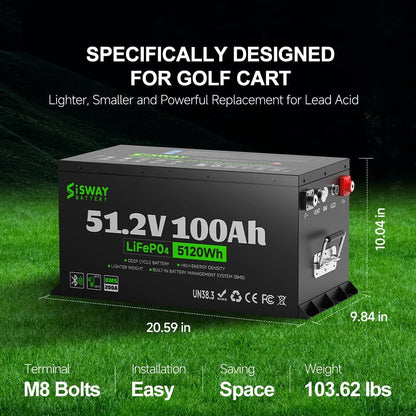 Sisway 51.2V 100Ah LifePO4 Lithium ion Golf Cart Battery 200A BMS-Exclusize