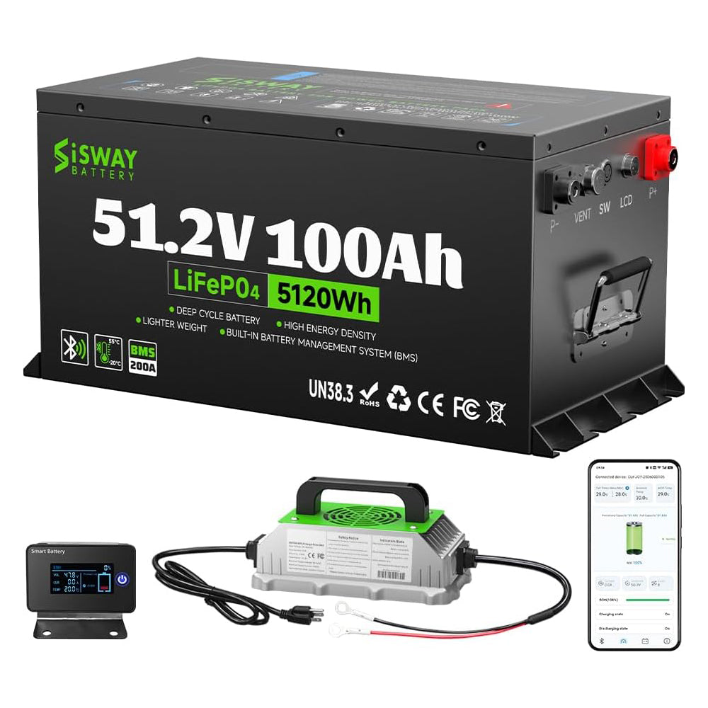 Sisway 51.2V 100Ah LifePO4 Lithium ion Golf Cart Battery 200A BMS-Exclusize