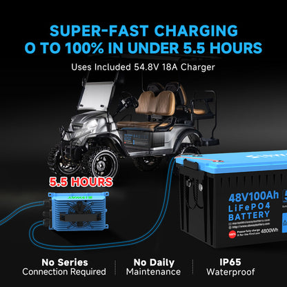 48V 100Ah LiFePO4 Battery for Golf Carts, 48 volt ABS Plastic Lithium Golf Cart Battery With Smart 200A BMS Bluetooth & LCD Monitoring & 18A charger