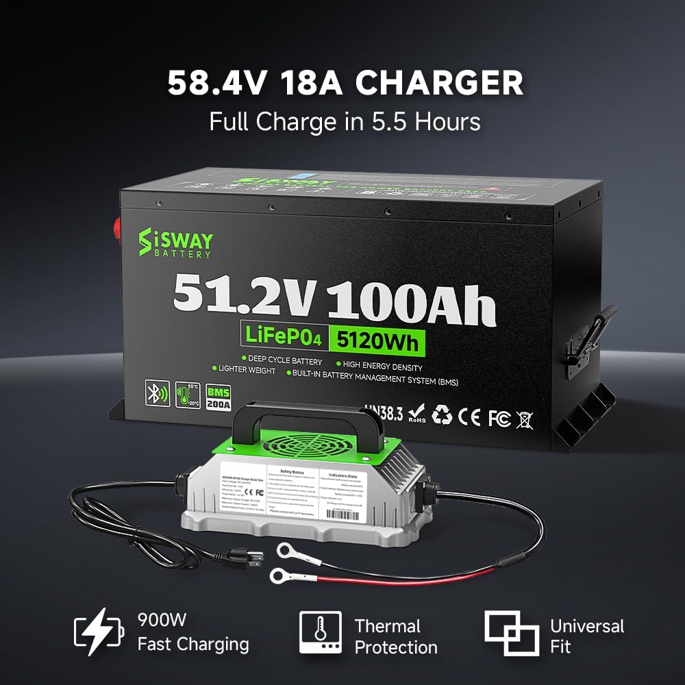 Sisway 51.2V 100Ah LifePO4 Lithium ion Golf Cart Battery 200A BMS-Exclusize