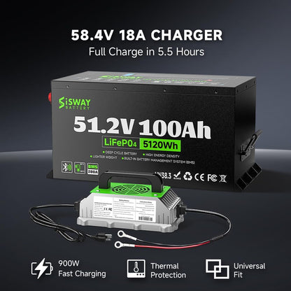 Sisway 51.2V 100Ah LifePO4 Lithium ion Golf Cart Battery 200A BMS-Exclusize