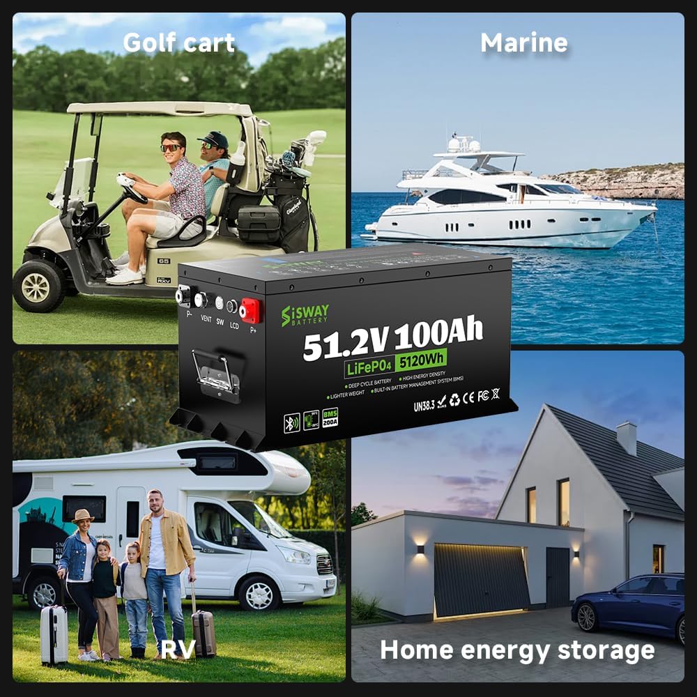 Sisway 51.2V 100Ah LifePO4 Lithium ion Golf Cart Battery 200A BMS-Exclusize
